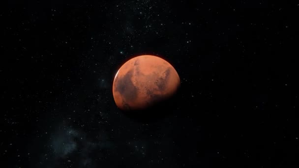 ダイナミックなローリング360と背景の星の上にオープンスペースで火星の惑星のショットで追跡 太陽系の赤い惑星の周りを回っている — ストック動画