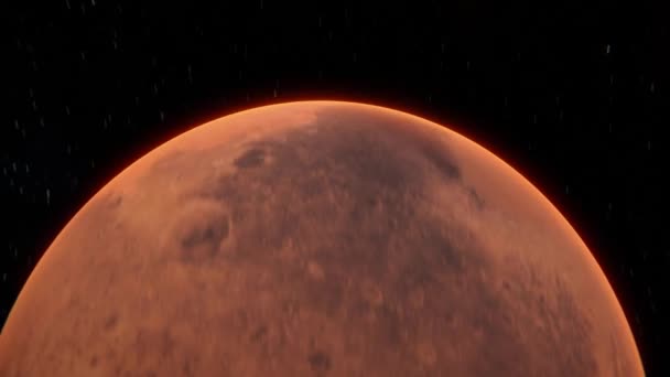 太陽に照らされた火星の惑星を背景に飛んでいます レンズフレアで火星の壮大な景色のダークサイド 太陽系の4K赤い惑星 — ストック動画