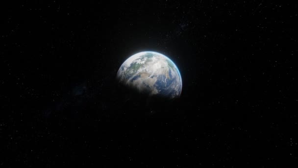 地球への飛行は宇宙の眺めを通過します 4Kの星の背景に地球の惑星での追跡 — ストック動画