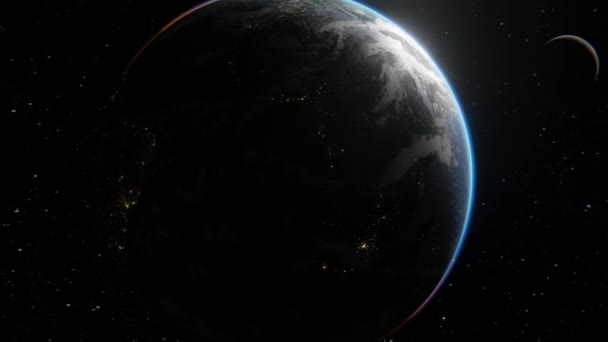 背景の星の上の宇宙から地球上の日の出 月は軌道上を飛行する 地球上の夜 3Dデジタルアートで4K映像 — ストック動画