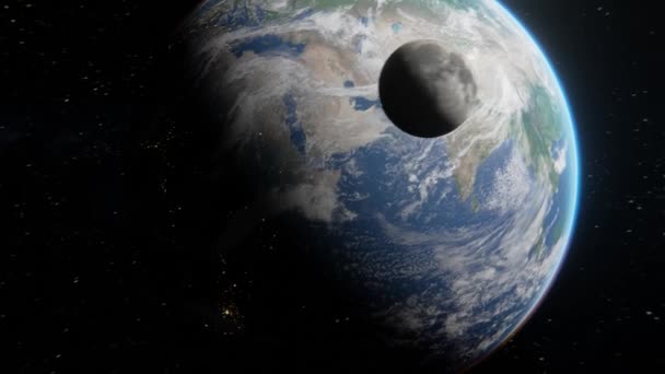 Lua Satélite Voando Redor Terra Espaço Sobre Estrelas Fundo Lua — Vídeo de Stock