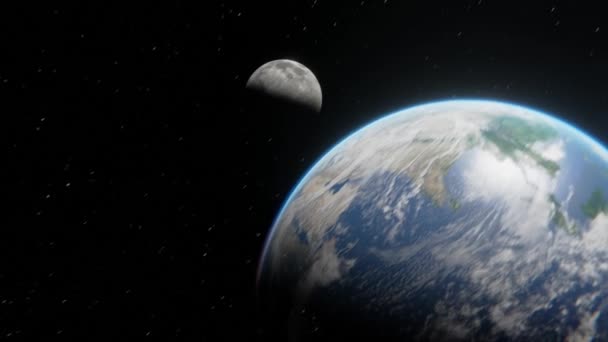 背景の星の上で地球の軌道上で宇宙を飛行する月の壮大な眺め 3Dデジタルアートで4K映像 — ストック動画