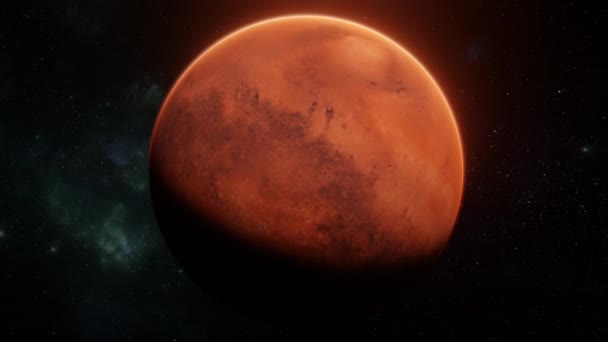 火星の赤い惑星の追跡は 星や星雲の背景の上で宇宙の軸を回っています ライトアップされた火星が撮影されました 現実的な3Dアート4Kの可視化 — ストック動画