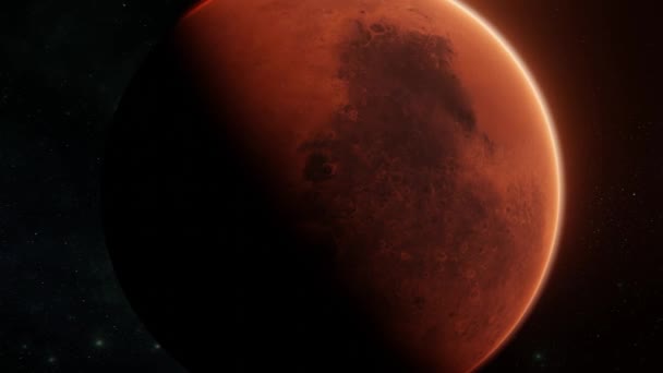星の背景にある半分の照らされた火星の赤い惑星の写真を追跡すること 火星が回る — ストック動画