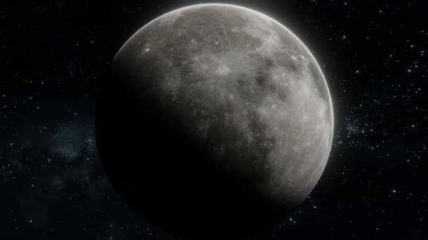 Hypnotisk Rullning Skott Månen Öppna Rymden Över Stjärnor Realistisk Månkonsistens — Stockvideo