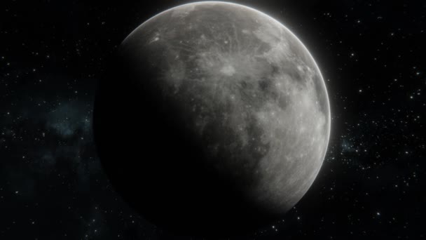 Księżyc Wirujący Otwartej Przestrzeni Nad Gwiazdami Realistyczna Wizualizacja Nagraniu — Wideo stockowe