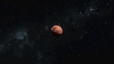 Mars kızıl gezegeninde iz sürüyorum. Mars 'ın üzerinden yıldızların üzerinden geçen boşlukta uçmak Samanyolu' nun arka planında 4k 3d gerçekçi görselleştirme