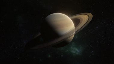 Dış uzayda halkalı Satürn. Güneş sistemindeki güzel gezegenin görüntüsü. 4K Video