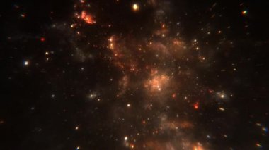 Parlayan nebulalar, bulutlar ve yıldız alanlarında uçmanın inanılmaz döngüsü. Dış uzayda galaksi keşfi. 4k video