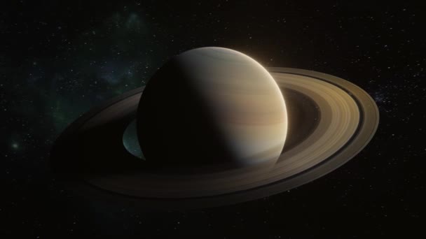 惑星土星は 宇宙空間で独自の軌道で自転しています 土星の3D可視化 土星の著名な環系 — ストック動画