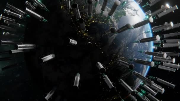 Epický Záběr Východu Slunce Zemi Pokrytý Lékařskými Stříkačkami Vakcínou Ilustrující — Stock video