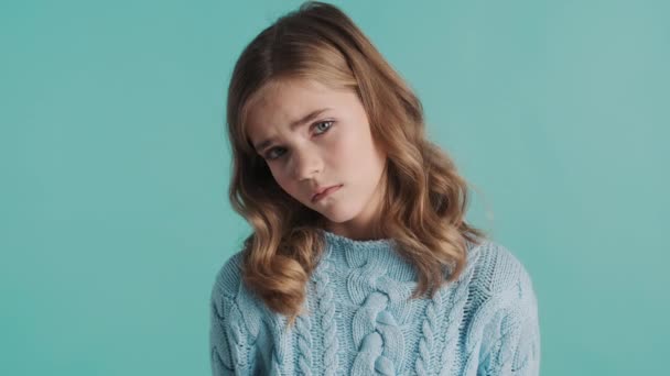 Upset Blond Teenage Girl Feeling Dejected Sadly Posing Camera Isolated — Stock Video