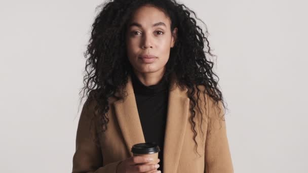 Portrait Dark Haired African American Woman Holding Paper Cup Coffee — Stock Video