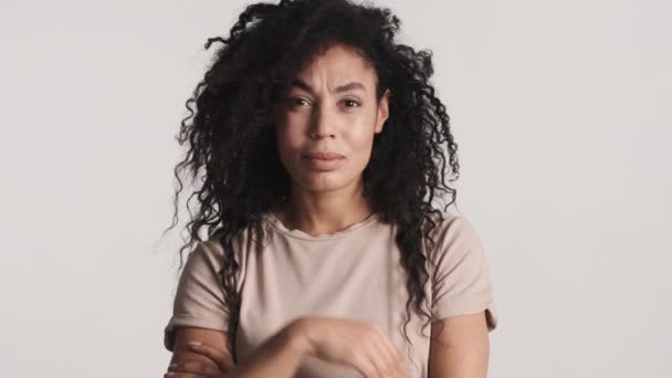 Young African American Woman Looking Serious Showing Bla Bla Gesture — Stock Video