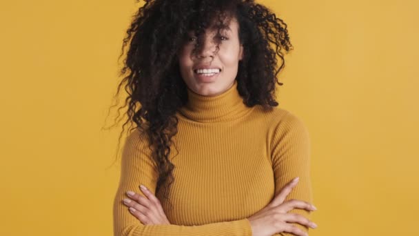 Portrait Beautiful African American Woman Dark Curly Hair Waving Head — Stock Video