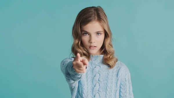 Portrait Blond Teenage Girl Looking Serious Showing Index Finger Camera — Stock Photo, Image