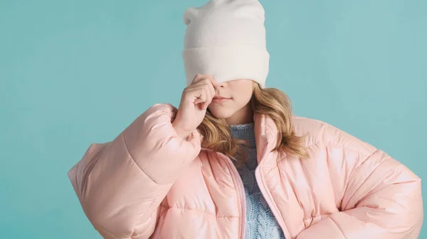 Funny Teenager Girl Dressed Pink Jacket Pulling Hat Her Face — Stock Photo, Image