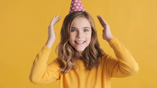 Cheerful Blond Teenage Girl Party Hat Happily Posing Camera Celebrating — Foto de Stock