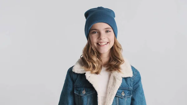 Beautiful Friendly Blond Teenager Girl Dressed Hat Denim Jacket Looking —  Fotos de Stock