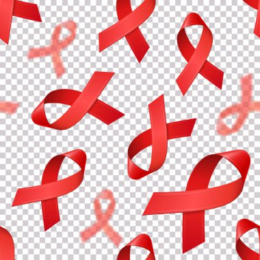 DÜNYA AIDS Günü için şeffaf arka planda gerçekçi kırmızı kurdeleli kusursuz desen. Aralık, HIV farkındalık ayıdır. Tıbbi web sitesi için resim, afiş, poster, davetiye. Vektör şablonu.