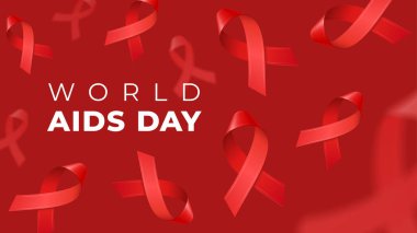 Kırmızı arkaplanda uzayı ve gerçekçi kırmızı 3d kurdeleleri kopyala. Dünya AIDS Günü için illüstrasyon. HIV farkındalık sembolü. Tıbbi web sitesi için vektör şablonu, sosyal medya, poster, davetiye, broşür.