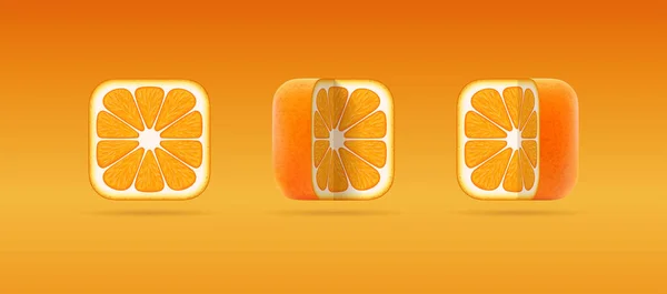 Set isolierter Vektorsymbole aus quadratisch geschnittener orangefarbener Mandarine. 3D-Cartoon-Illustration von saftigen reifen Mandarinen für Zitrussaftverpackungen, vegetarische Öko-Naturkostladen, Logo, mobile App — Stockvektor