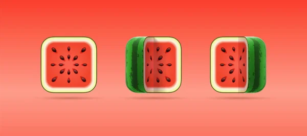 Set of 3D cartoon vector icons of square cut watermelon on red background. Isolated vector template of ripe fresh summer fruit for vegetarian shop, logo, mobile app. Organic healthy eco food concept — Stock Vector