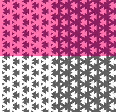 Vektör kusursuz desen. Üçgenli etnik süs, çokgen. Geometrik monokrom, duvar kağıdı için pembe zemin, tekstil baskısı, fon, kumaş. Basit şekiller. Renk tersine çevrimi