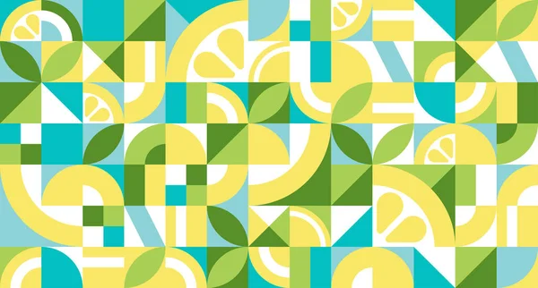 Textura geométrica abstracta en estilo Bauhaus con limón. Patrón de repetición sin fisuras con formas simples, mosaico de cuadrados y triángulos. Vector retro ilustración para fondo, fondo de pantalla — Vector de stock