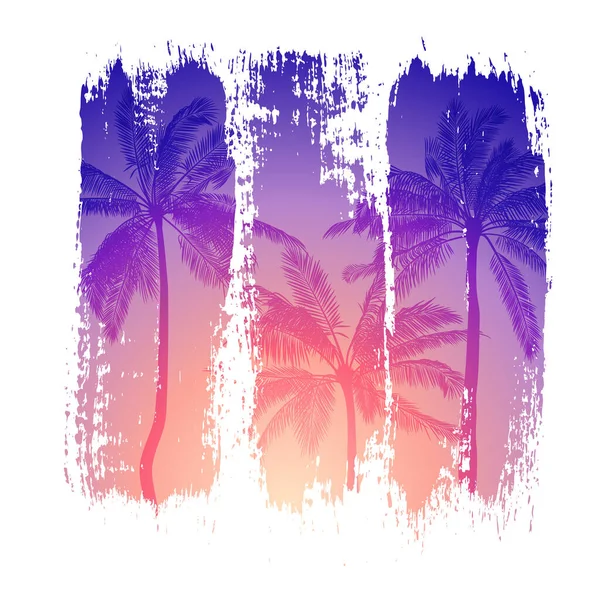 Ilustración vectorial tropical de puesta de sol y siluetas de palmeras con pinceladas de colores. Plantilla aislada para impresión y diseño en estilo botánico. Cartel de verano en tonos púrpura — Vector de stock