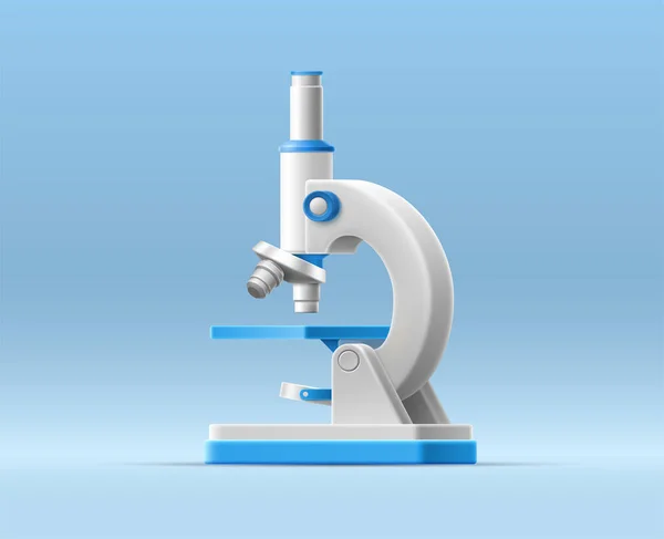 3D-Illustration mit Cartoon-Mikroskop auf isoliertem Hintergrund für das medizinische Design. Realistische Vektorvorlage. Bildungstechnisches Konzept. Impfstoff-Entdeckungskonzept. Medizinische Geräte für die Forschung — Stockvektor