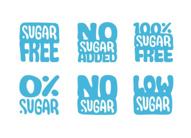 Şekersiz, eklenmemiş,% 100, düşük şekerli logo şablonları. Düzgün beslenme, iyi beslenme. Vejetaryen, şeker hastası, biyolojik yiyecekler. Ürün paketi, etiket tasarımı, bilgi grafikleri için vektör etiketleri