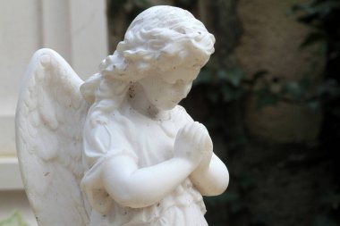 Avrupa. Fransa. Ile-de-France. Paris mi? 02 / 08 / 2012. Bu renkli görüntü dua eden bir meleğin heykelini tasvir ediyor. Pere Lachaise Mezarlığı. 