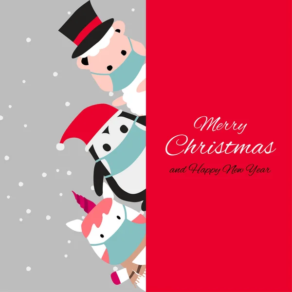 ペンギンの羊やユニコーンは幸せな感情やクリスマス招待カードのデザインとマスクを着用している — ストックベクタ