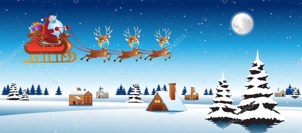 santa claus and reindeer wear mask and fly over village to send gift to everyone