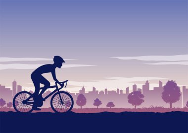 Bisikletle egzersiz yapan insanların aktivitelerinin silueti parktan geçiyor