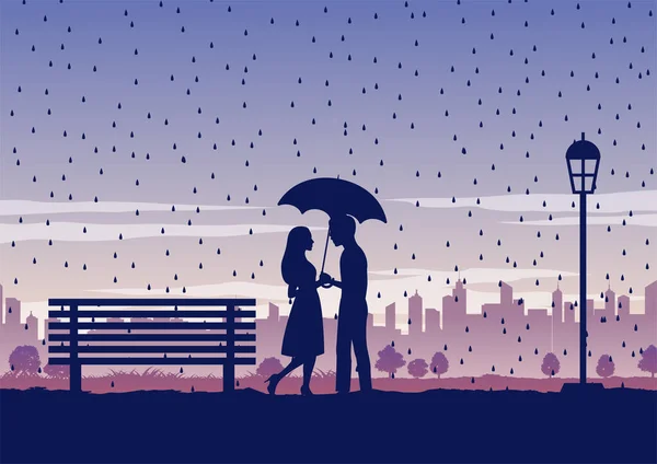 Silueta Aktivit Lidí Parku Muž Žena Držící Deštník Uprostřed Deště — Stockový vektor