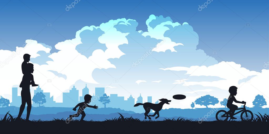 Silhouette of activities of people in park son sit on dad shoulder boy play with dog and another ride bike