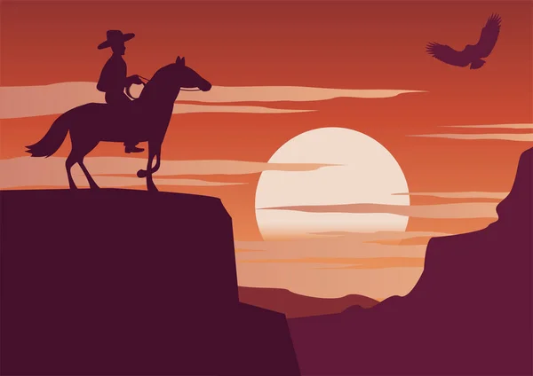 Cowboy Paard Staan Klif Zonsondergang Tijd Vector Illustratie — Stockvector