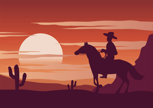 cowboy and horse ars in the desert of USA on sunset  time,vector illustration