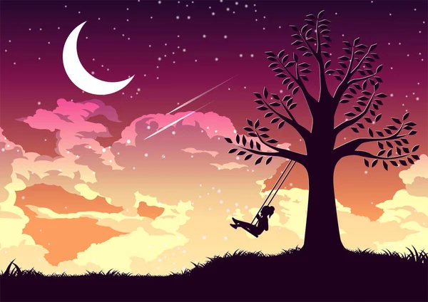 Silhouette Design Girl Swinging Alone Tree Vector Graphics