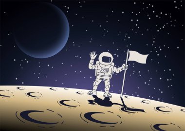 Astronotun çizgi film dizaynı Ay yüzeyinde bayrağı tutar