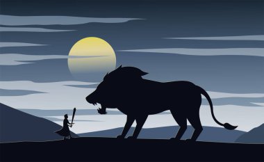 Şövalye ve aslanla kurgunun silueti