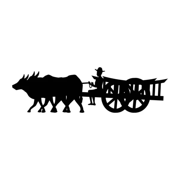 黑色轮廓设计 与孤立的白色背景男子骑牛车 — 图库矢量图片