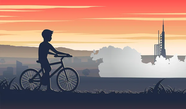 Story Telling Silhouette Art Boy Riding Bike Stop Look Rocket — Stock Vector