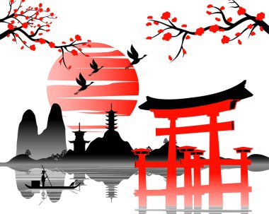 Japon sanatı, antik Torii kapısı ve Japonya 'nın güzel doğasına sahip.