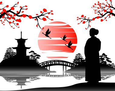 Eski kimono tasarımlı Japon sanatı pagoda 'ya bakıyor. 