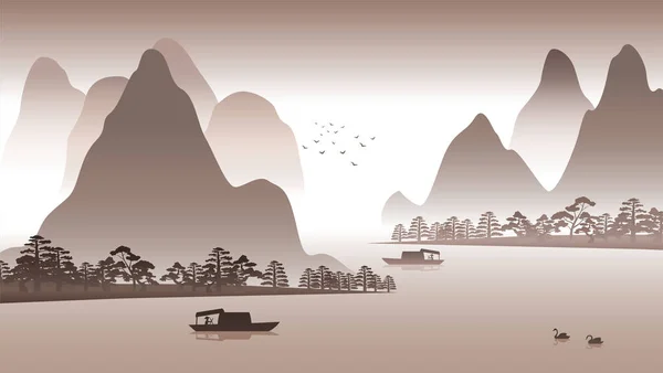 Diseño Silueta Paisaje Naturaleza China Con Arte Computadora — Vector de stock