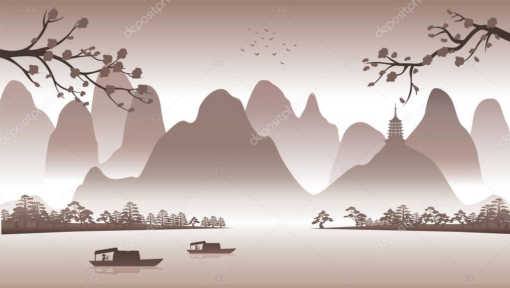 Silhouette design of China nature scenery with computer art