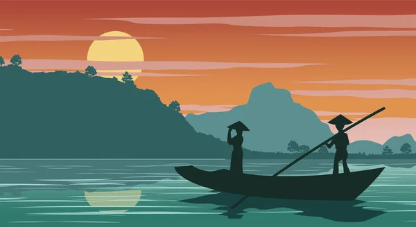 Mujer Vietnamita Barco Para Volver Casa Atardecer — Vector de stock